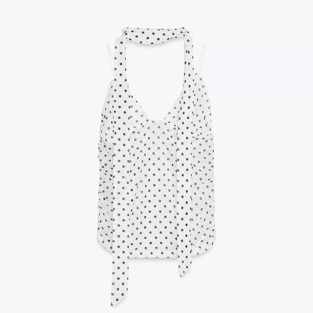 Zara Black and White Polka Dot Top with neck tie